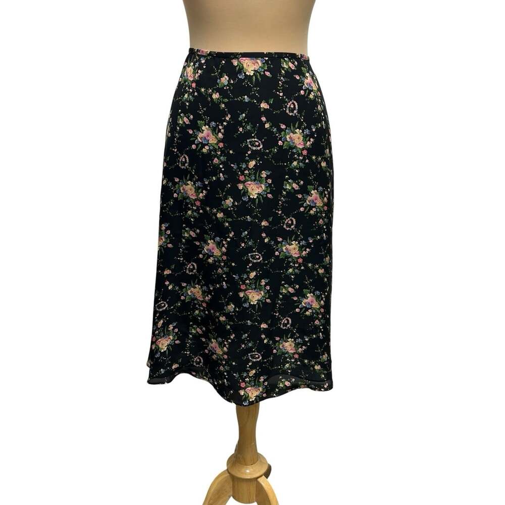 Lauren Ralph Lauren 100% Silk Midi Skirt Size 14 Black Floral Pink Roses Lined